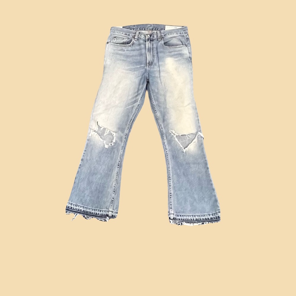 rag & bone Women's Light Blue Distressed Raw Hem Flare  Cropped Jeans